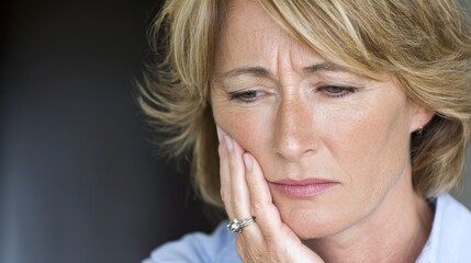 Woman showing concern while resting her chin on her hand in an indoor setting during daylight