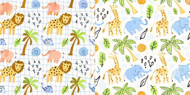 Cute hand drawn safari animals and tropical leaves seamless pattern for kids