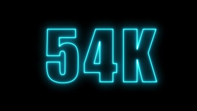 Animated turquoise neon light 54k number on black background visual effect