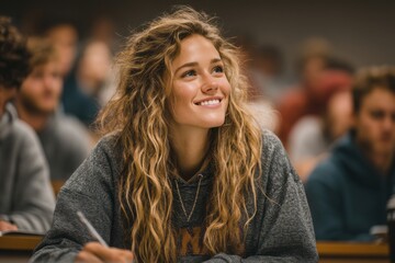 Fototapeta premium Young female student smiling during a lecture in a classroom setting