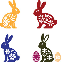 Vibrant Easter Bunnies and Eggs Festive Decorative Illustration Featuring Cheerful Colors and Intricate Floral Designs for the Spring Holiday