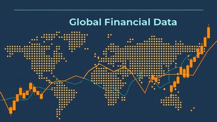 Global financial data visualization with world map, digital dots, bar graphs, and trend lines in modern abstract style on dark navy background