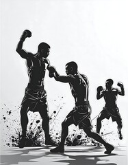 Silhouetted boxers in action, dynamic poses, dramatic splashes