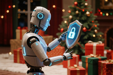 Glowing shield with lock held by futuristic AI robot near Christmas tree, guarding holiday shopping packages, digital security and protection, festive technology scene
