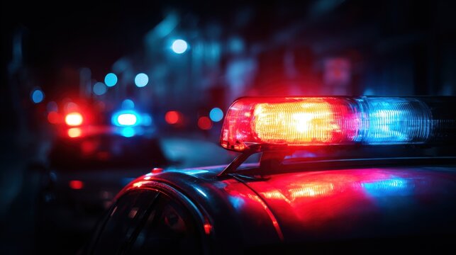 Elegant photo of 4K photo of flashing police car siren lights at night. Vibrant red and blue colors against dark background. Emergency services, law enforcement vehicles on.