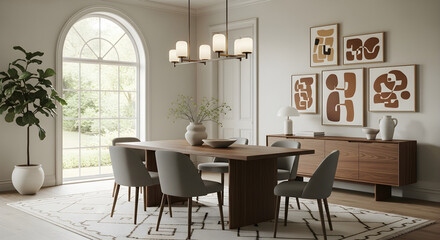 Fototapeta premium Modern dining room with arched window, wooden table, and abstract art.