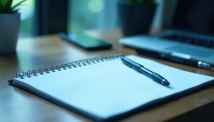 Fototapeta premium Blue toned office desk, notepad, pen; meeting prep , top view, office supplies, table