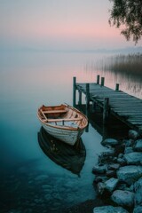 Obraz premium Tranquil lakeside morning with boat and dock amid misty calm