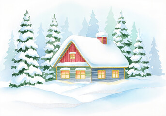 Cozy winter cabin surrounded by frosty snow-covered trees and soft white snow on ground, glowing windows add warmth to scene. This winter scene creates a festive atmosphere for holiday celebrations.