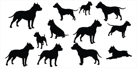 Group of Black Pitbull Type Dog Silhouettes in Different Poses Keywords: dog, silhouette, black, white background, animal, pet