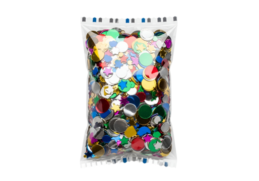 A transparent plastic bag filled with colorful, reflective confetti pieces, displaying a variety of shapes and sizes.