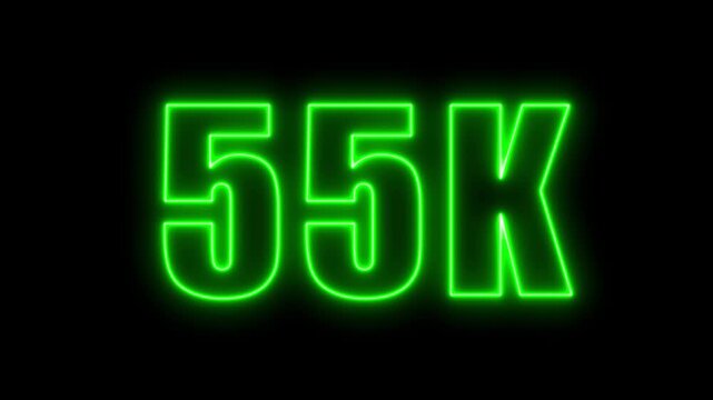 Glowing green neon sign displaying the number 55k against a black background