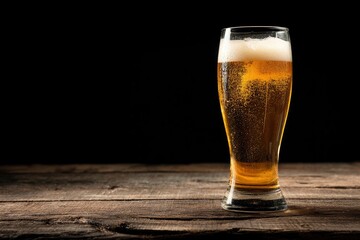 A tall glass of golden beer with white foam sits on a weathered wooden surface against a stark black background