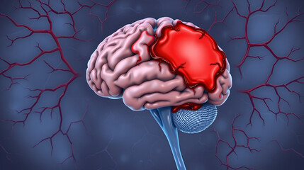 Illustration of subarachnoid hemorrhage with surrounding brain damage, hemorrhagic stroke, neuroscience
