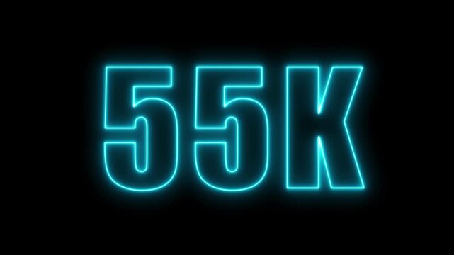 Glowing cyan neon animation of the number fifty five thousand on a black background