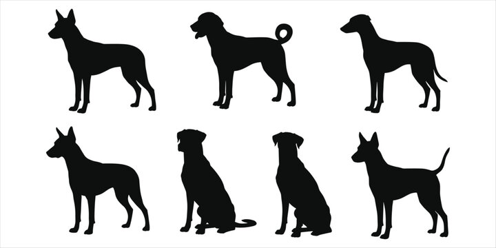 Six black dog silhouettes in standing and sitting positions on white background Keywords: dog, silhouette, animal, pet, canine
