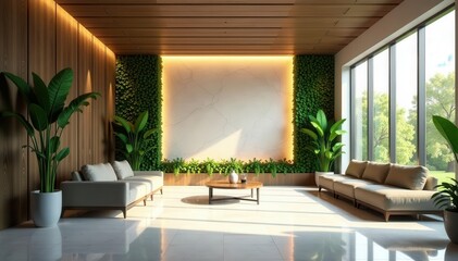 Fototapeta premium Contemporary reception, backlit wall, greenery, panoramic windows , skyline, professional, green
