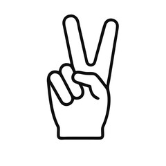 Hand gesture V icon in line style, Hand showing victory sign isolated on white background, peace and love with fingers