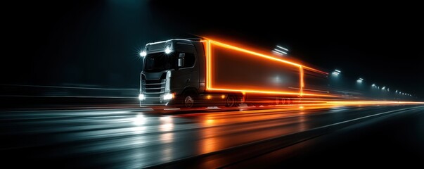 High-speed truck with glowing lights traveling on a vibrant urban highway