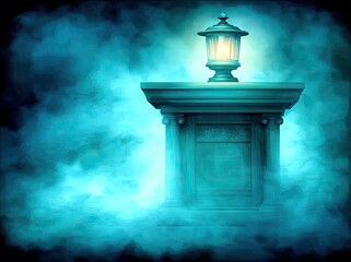 Dark teal pedestal with lantern, misty background