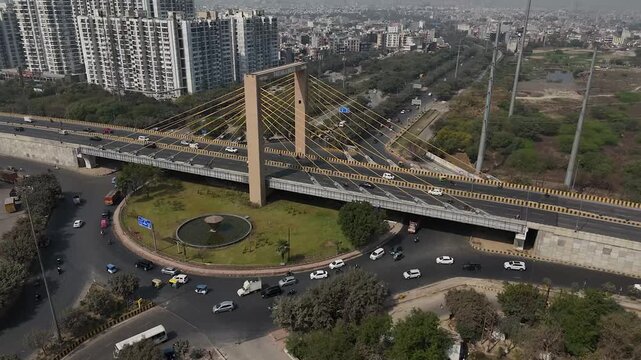 Drone View of Parthala Bridge and Traffic Roundabout in Noida, India
