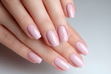 Closeup shows hands with pale pink squared nails against a light background