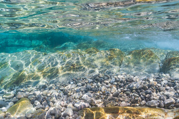 Stunning underwater seascape with a pebble beach and crystal clear turquoise water in Saint-Jean-Cap-Ferrat, French Riviera.