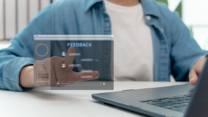 AI chatbot customer feedback and support concept. Person using futuristic virtual screen with digital comments and responses. Artificial intelligence in business communication and online service.