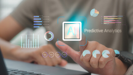 Businessman using AI predictive analytics with futuristic data visualization, graphs, and charts...