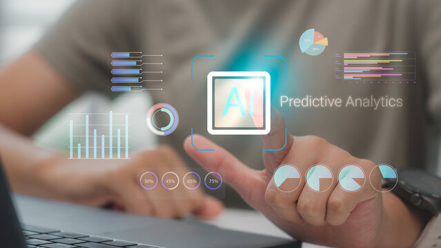 Businessman using AI predictive analytics with futuristic data visualization, graphs, and charts for business intelligence and technology solutions.