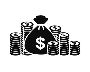 Money in Flat style . Dollars banknotes. money bag, Cash money, pile of coins. Vector icon illustration