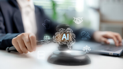 Artificial intelligence law and legal technology concept. Judge hand holding gavel with AI symbol. Innovation in justice, ethics, and digital regulation for business and technology future.