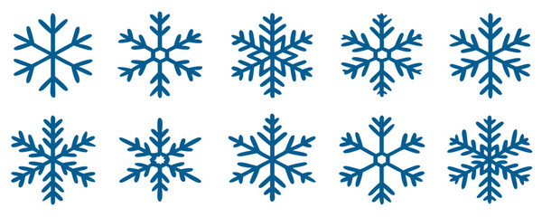 Blue snowflake icons collection isolated on white background. New year design elements, frozen symbol, Vector illustration