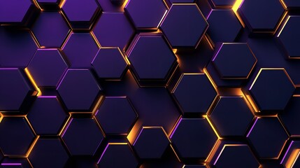 Sleek dark purple hexagonal grid with vibrant golden and magenta glowing edges modern abstract technology background for digital innovation, Generative AI.