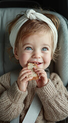 Smiling toddler eating bread in car seat