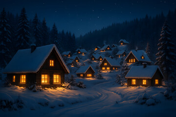 Snowy winter village with cozy glowing houses at night