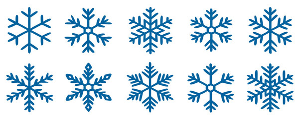 Blue snowflake icons collection isolated on white background. New year design elements, frozen symbol, Vector illustration