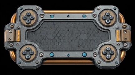 Futuristic, metallic rectangular panel with hexagon pattern