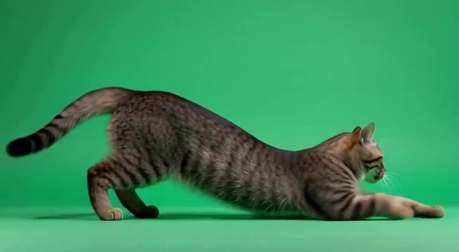 Playful tabby cat stretching its body in a vibrant green studio setting