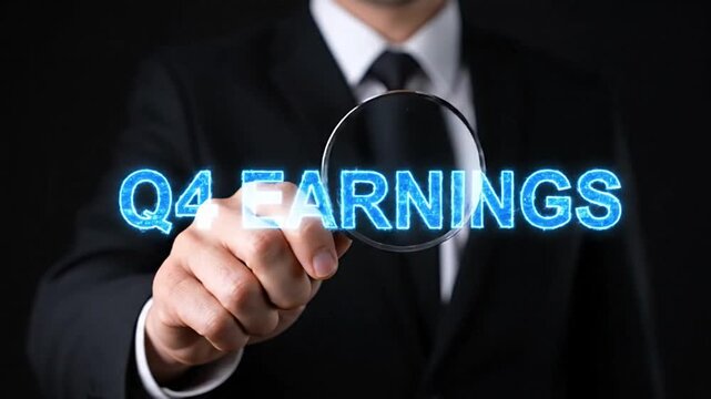 Q4 Earnings Businessman Examining Financial Data with Magnifying Glass