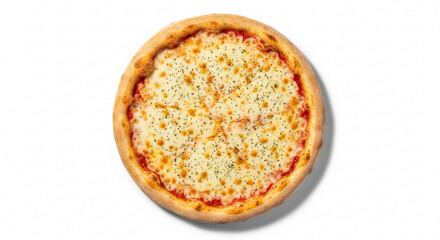 A simple, whole margherita pizza topped with cheese and herbs.