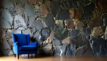 Blue armchair in a stone room