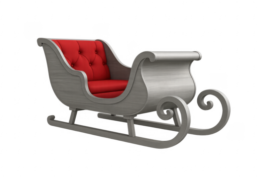 Silver christmas sleigh with red upholstery on transparent background