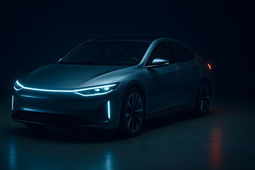 Obraz premium Modern electric car with futuristic LED lights in dark studio
