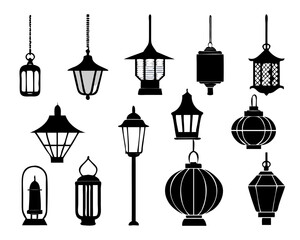 Set of Lanterns silhouettes vector icon. Japanese, Chinese. Arabic. European.