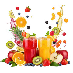 Two refreshing fruit juices with splashes and whole and sliced fruits isolated on transparent background