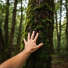 Hand Touching Mossy Tree Trunk in Forest