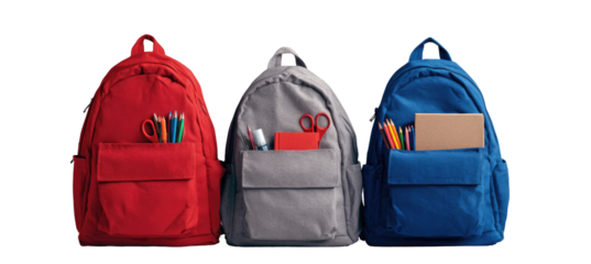 Three colorful backpacks, each with school supplies (1)