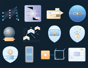 Futuristic AI and Digital Technology Network Icons Set Isolated 
