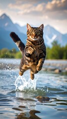 Jumping cat in river